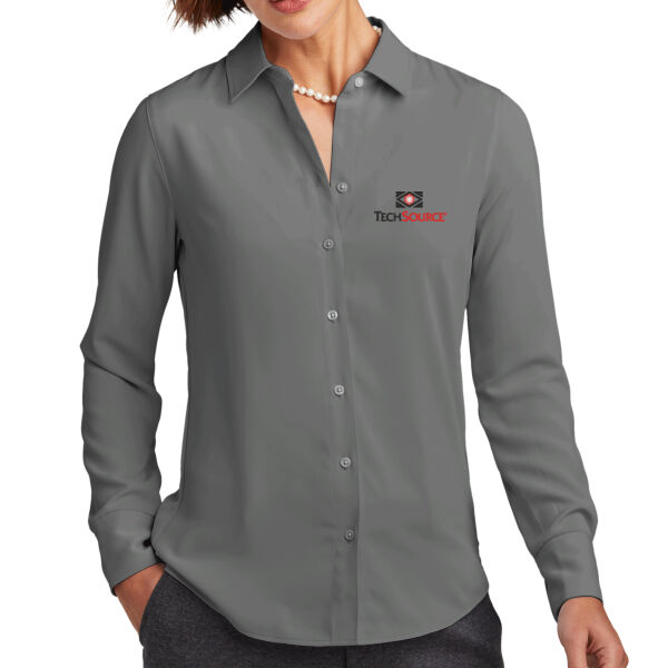 Tech Source Embroidered - Women's Full Button Satin Blouse Thumbnail